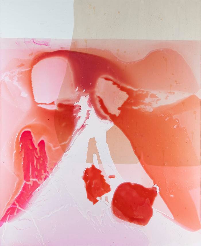 Abstract resin and pigment painting on canvas with two sections of off-pink on either side. There are two dark red squares near the lower right. Off-white or pink sections throughout the piece.